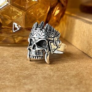 Vintage Ring Sterling Silver Mystical Tribal Skull Size 8.5 SKU:46